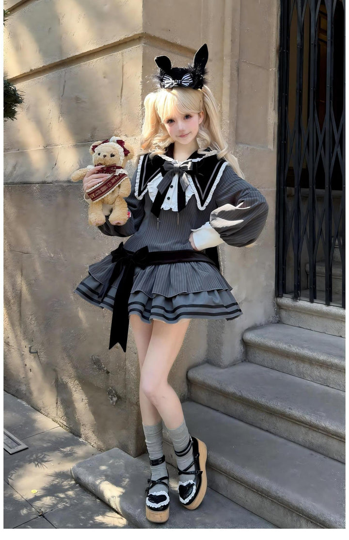 Kawaii Lolita Dress Grey OP With Long Bunny Ears and Plush Ball 42320:738118