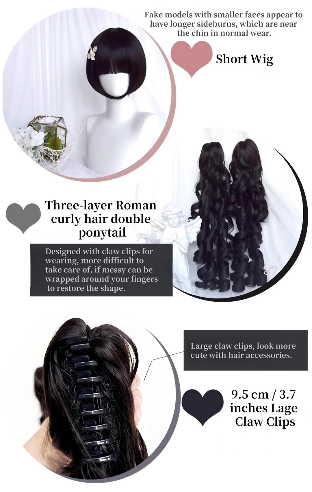 Black Jirai Kei Wig Set Lolita Roman Curly Double Ponytail 42183:732996