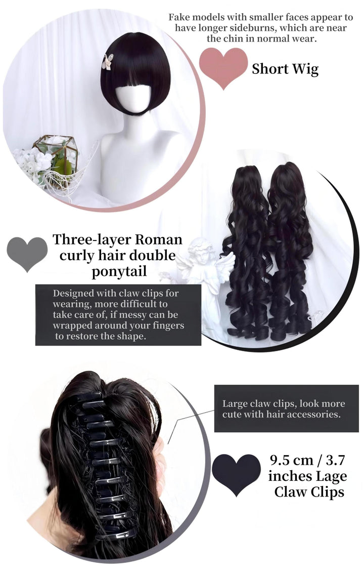 Black Jirai Kei Wig Set Lolita Roman Curly Double Ponytail 42183:732996