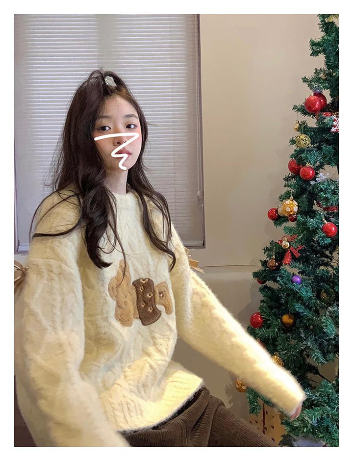 Kawaii Sweater Beige Little Bear Round Neck Sweater Winter 39798:646386