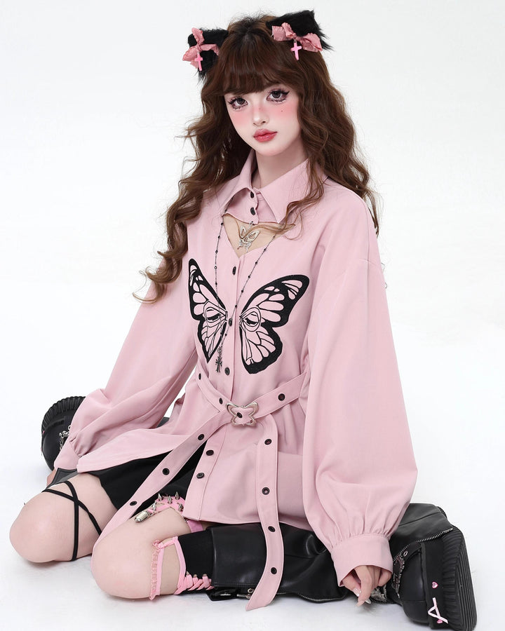 Gyaru blouse Subculture Embroidered Butterfly Shirt Long Sleeve Top 39690:633994