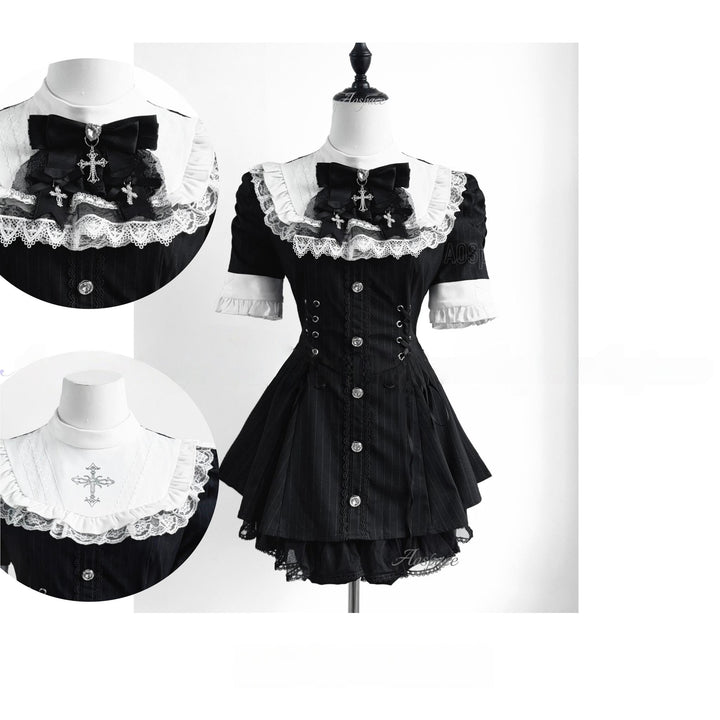 Short-sleeved Ryousangata Dress, Detachable Bowtie (L M S XL) 43823:786803