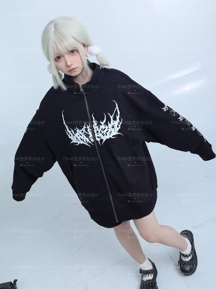 Black & White Jirai Kei Coat Gothic Punk Zipper Sweatshirt 42453:743330