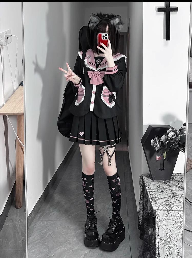 Kawaii JK Uniform Suit Sailor Collar Top & Pleated Skirt 43024:762723