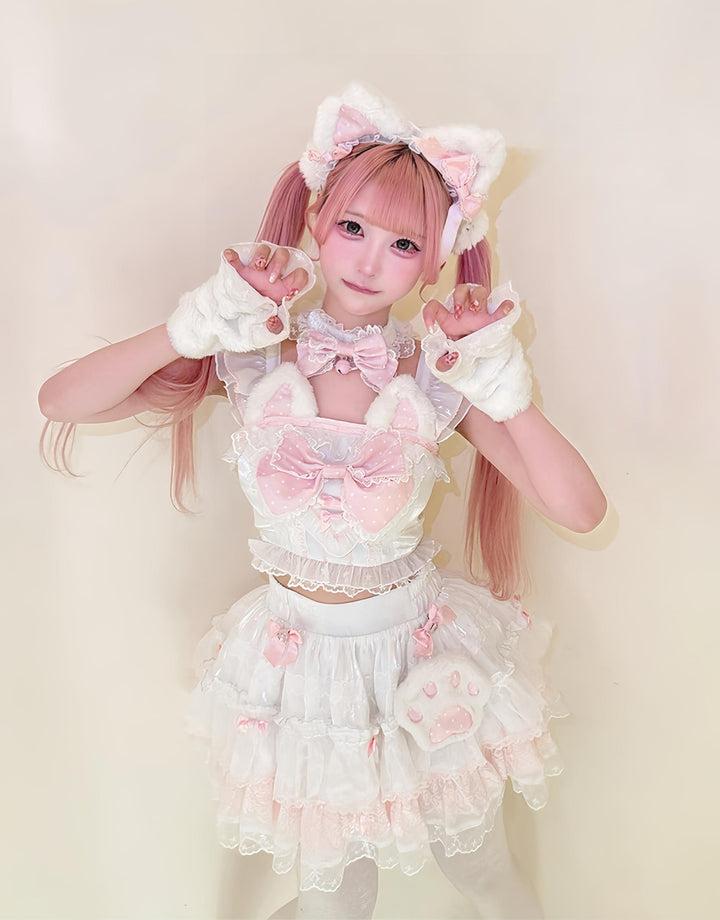 Kawaii Lolita Tiered Skirt Set, Cat Ears & Polka Dot Bow (L M S) 44958:837563