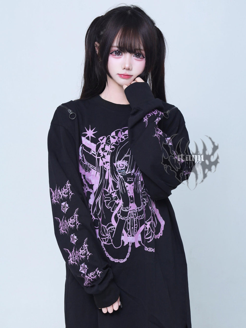 Gothic Long Sleeve Tee, Anime Print and Zipper Shoulder 44521:812671