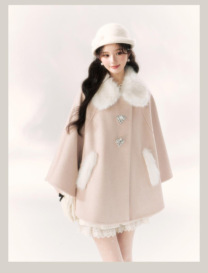 Jirai Kei Cape Woolen Coat Winter Fur Collar Coat 41062:685640