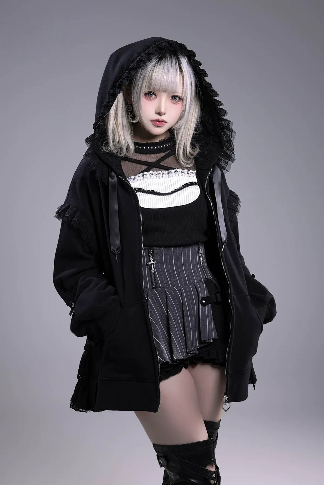 Lace-Trim Hoodie Coat, Side Pocket (L M) 45227:842325