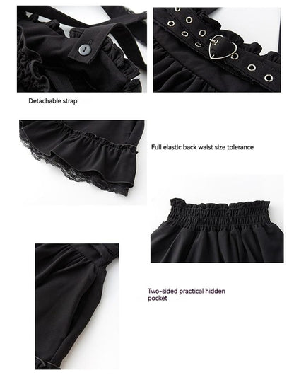 Black Jirai Kei Skirt Heart Buckle Cross-Strap Overalls 31996:397348