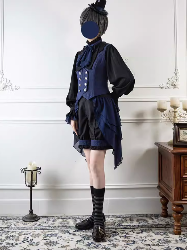 Ouji Lolita Prince Outfit Navy Blue Lolita Blouse Skirt Set 39360:633262