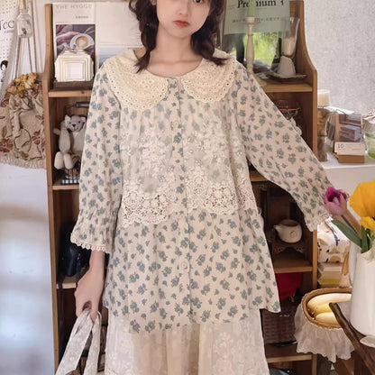 Mori Kei Blouse Floral Cotton Linen Shirt With Lace 36222:524864