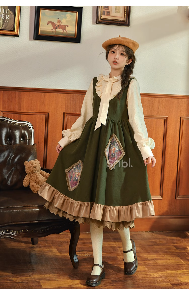 Mori Kei Dress Green Suspender Dress Apricot Blouse 39312:643738