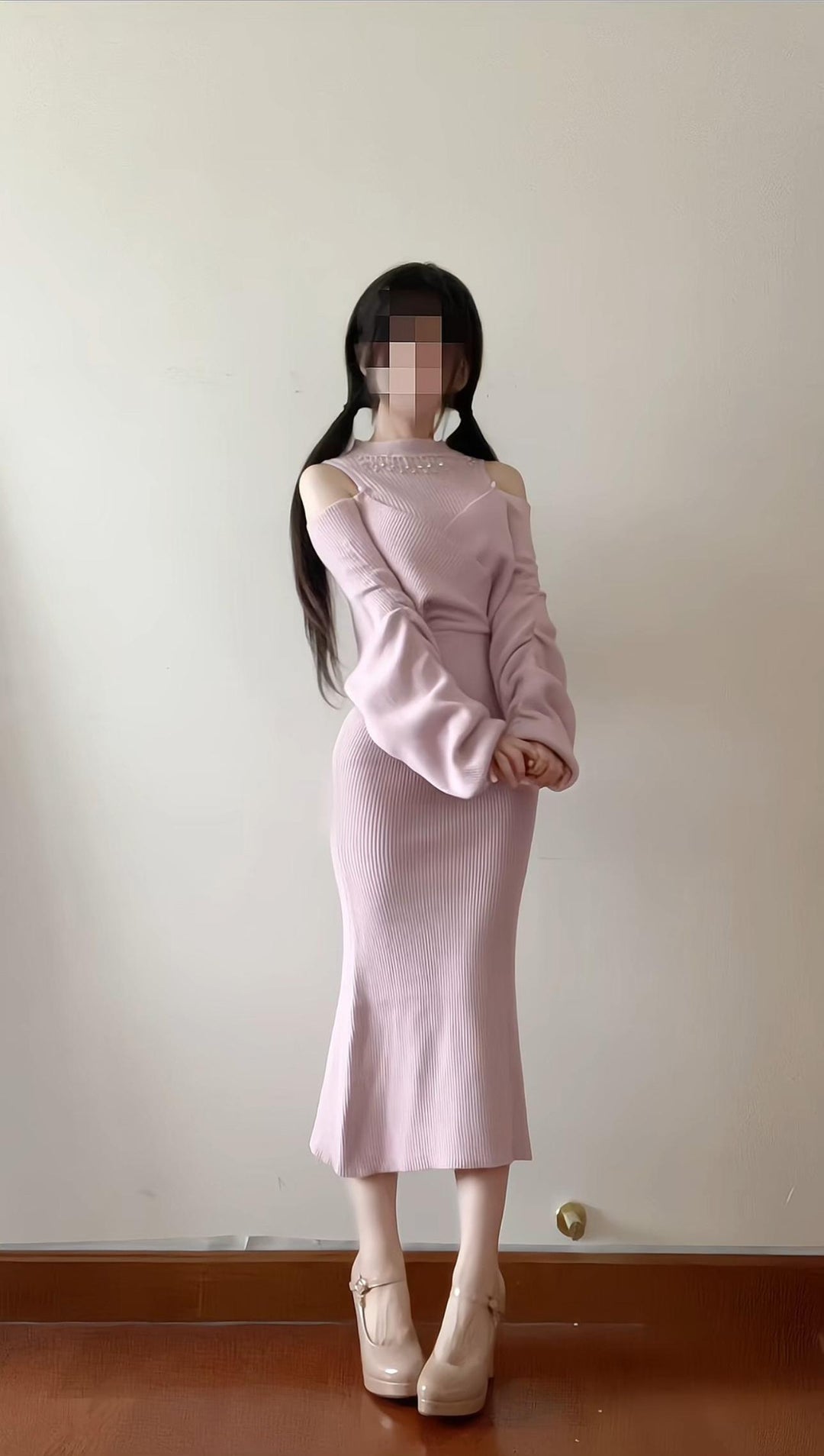 Seiso Kei Knitted Bodycon Dress, Open Shoulder (L M / Pink) 44514:810775