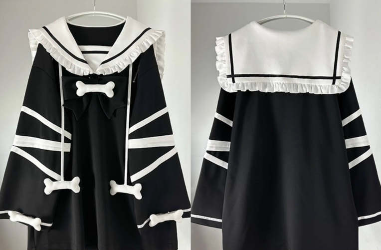 Jirai Kei Black White Dress Oversized Sailor Collar Dress 32016:383806 32016:383806