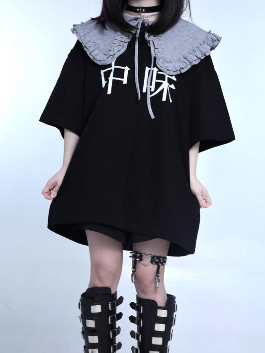 Plus Size Jirai Kei T-shirt Black Cotton Loose T-shirt 35522:495222