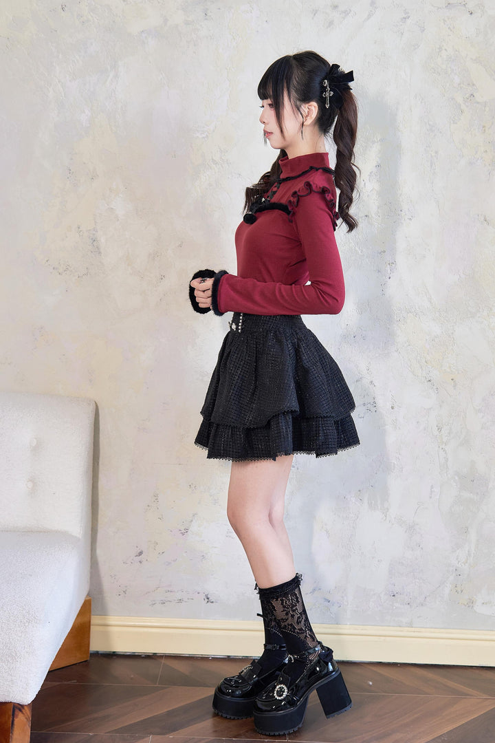 Jirai Kei Sweater Bow Decoration Knit Fleece Frill Top 41404:696670