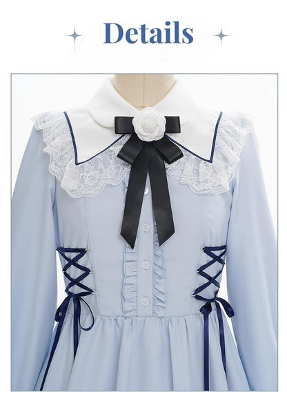 Kawaii French Style Light Blue Long Sleeve Ribbon Dress 21990:325106