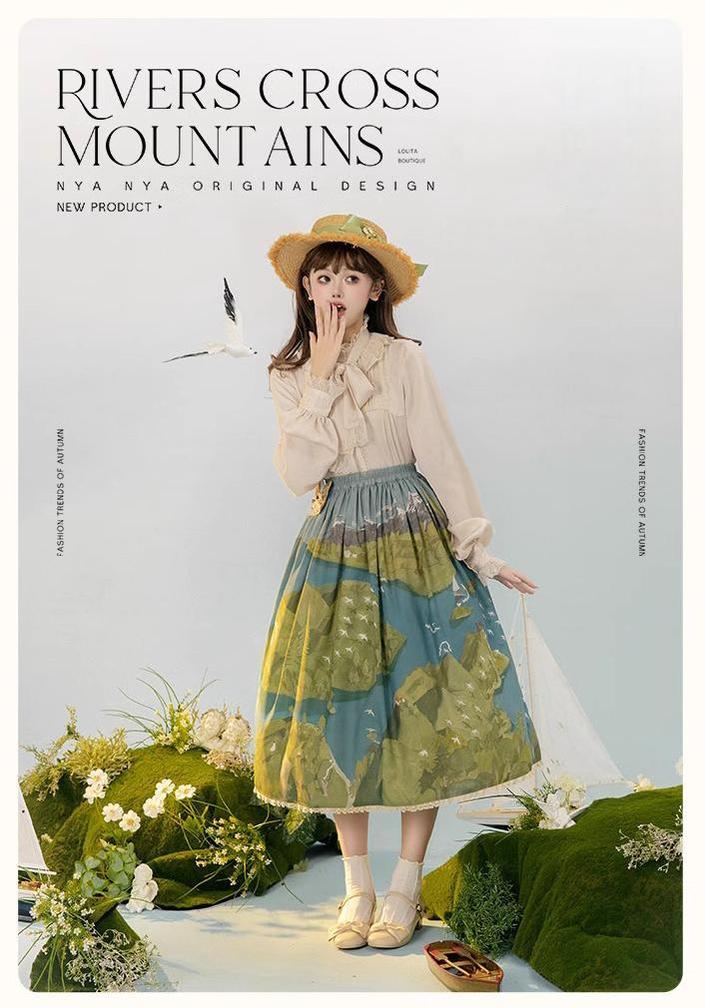 Lolita Dress Rivers Cross Mountains Print Lolita Dress Set 39412:627120