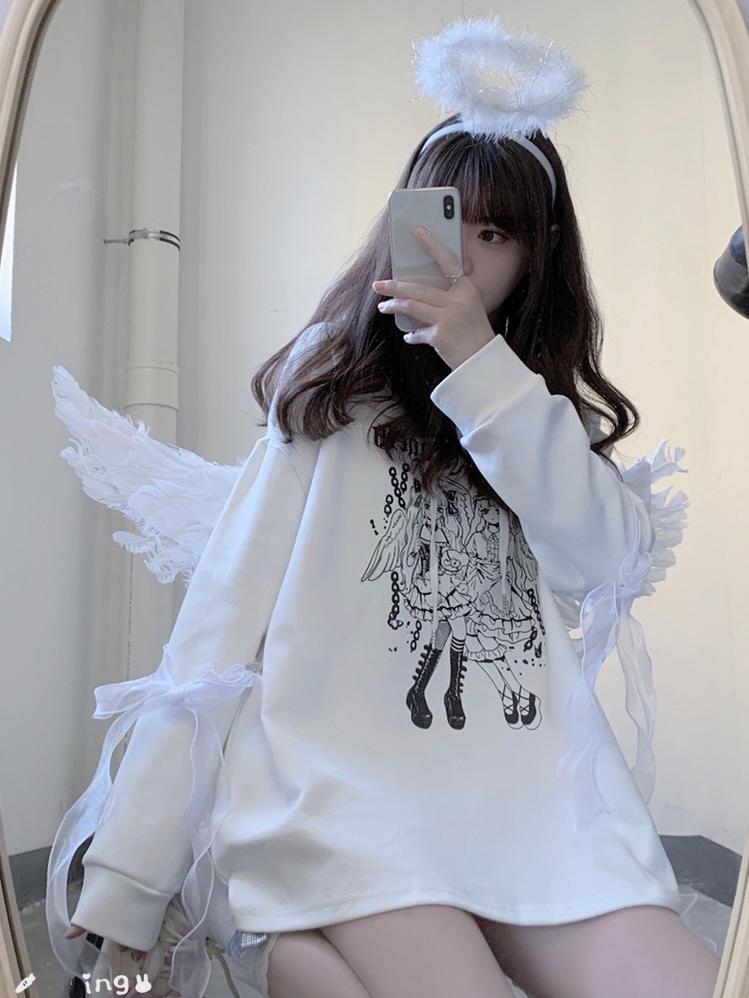 Jirai Kei Hoodie Black Top Angel Printed Hoodie Lace Up 37572:563140