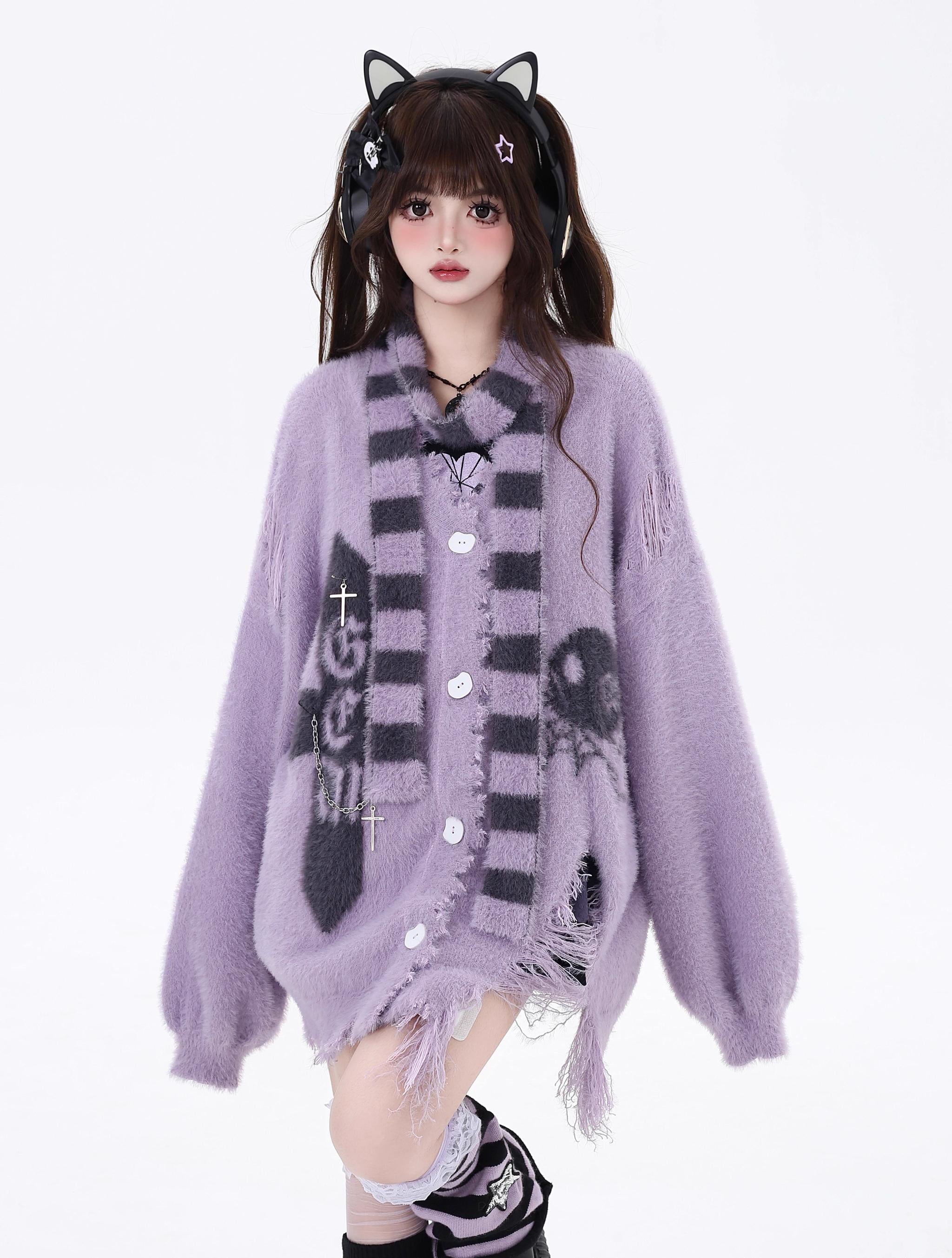 Jirai Kei Sweater Irregular Hem Cardigan With Striped Scarf