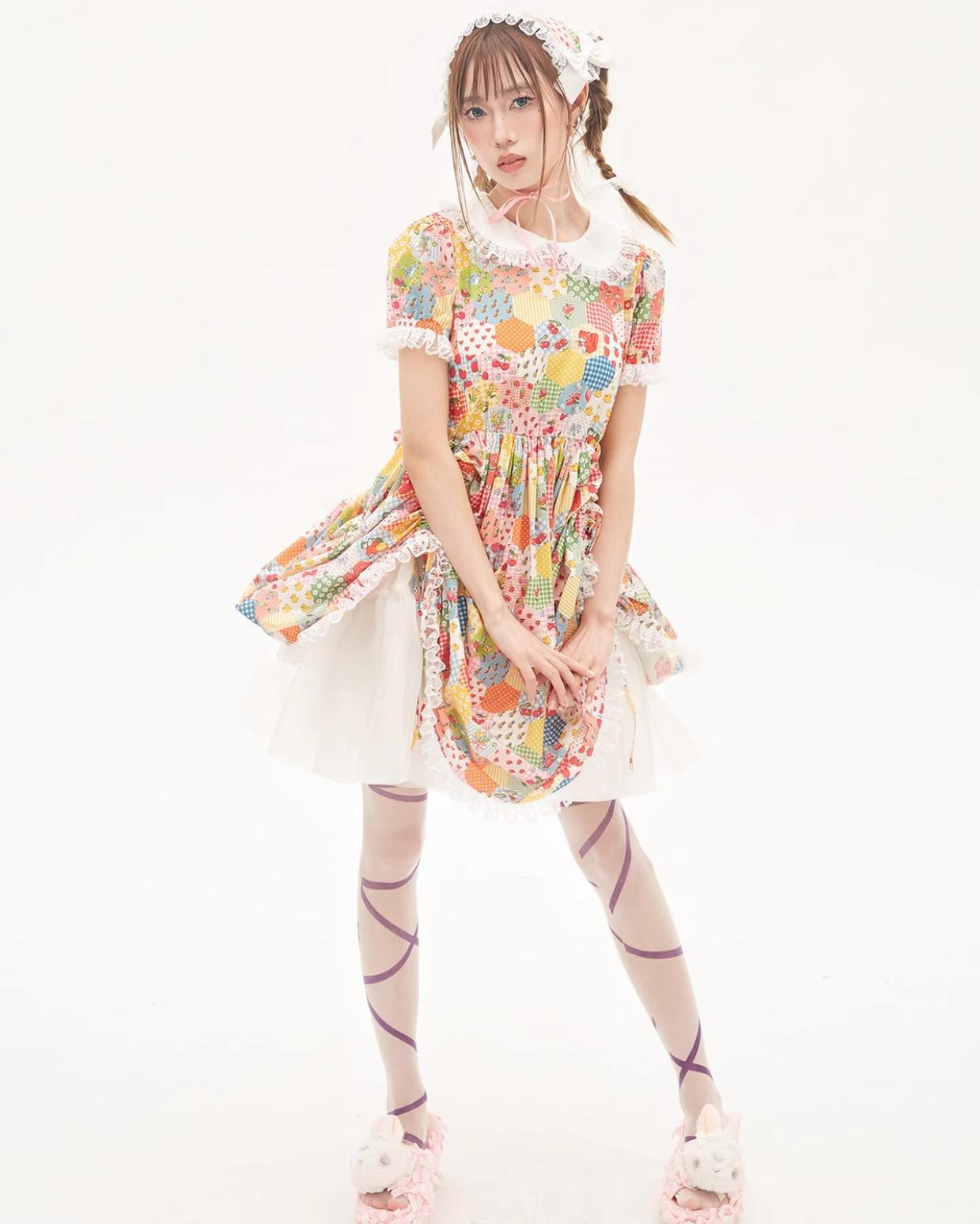 Sweet Lolita Dress Kidcore Floral Dress Drawstring Dress 36156:543424