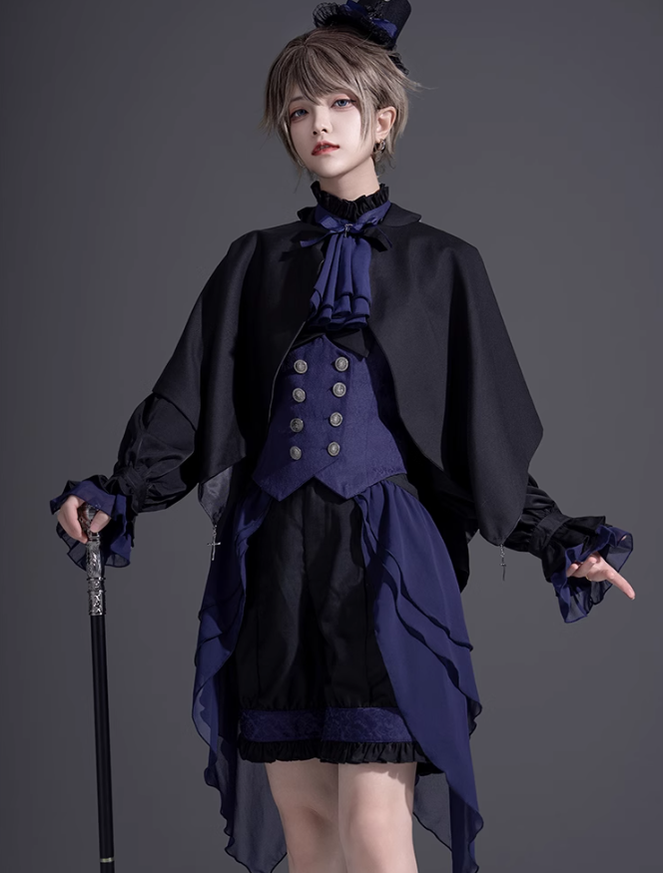 Ouji Lolita Prince Outfit Navy Blue Lolita Blouse Skirt Set 39360:633316