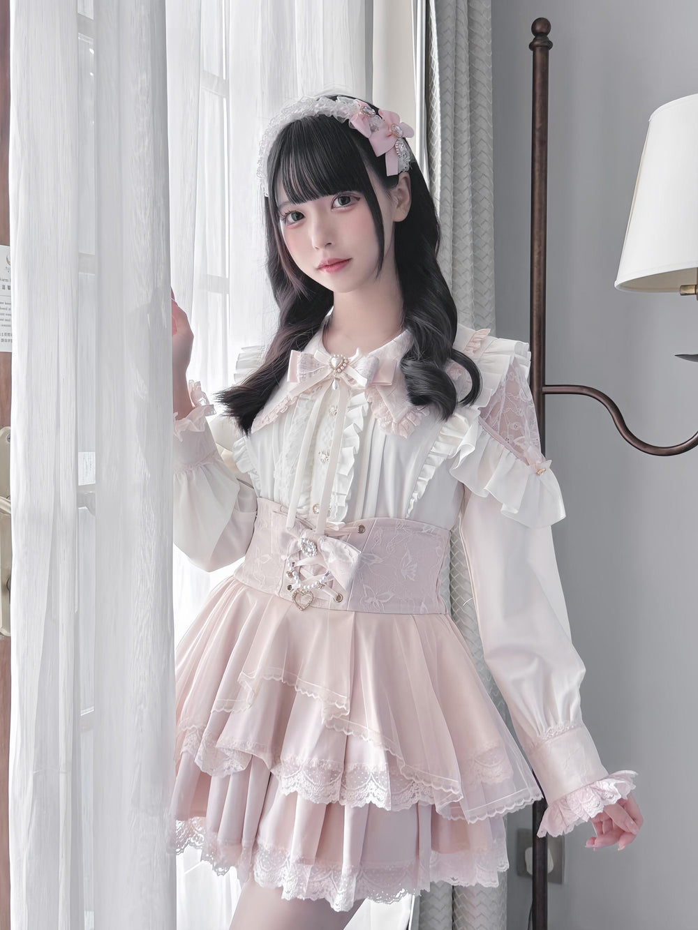 High-waist Jirai Kei Skirt, Pearl & Rhinestone Accents 44782:826709