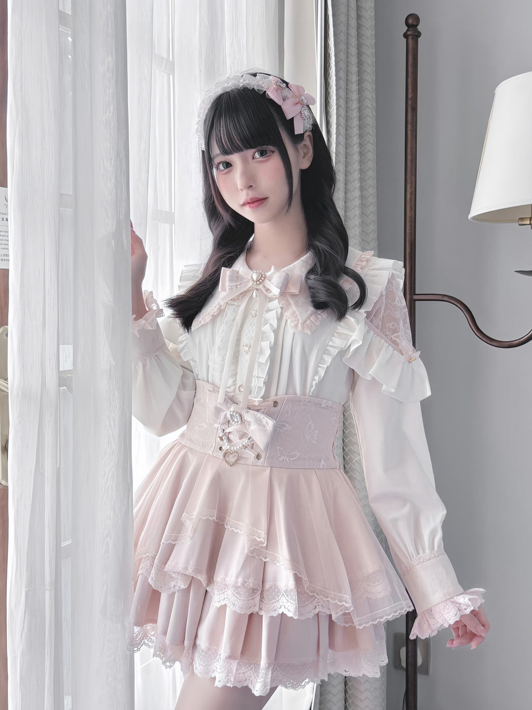 High-waist Jirai Kei Skirt, Pearl & Rhinestone Accents 44782:826709