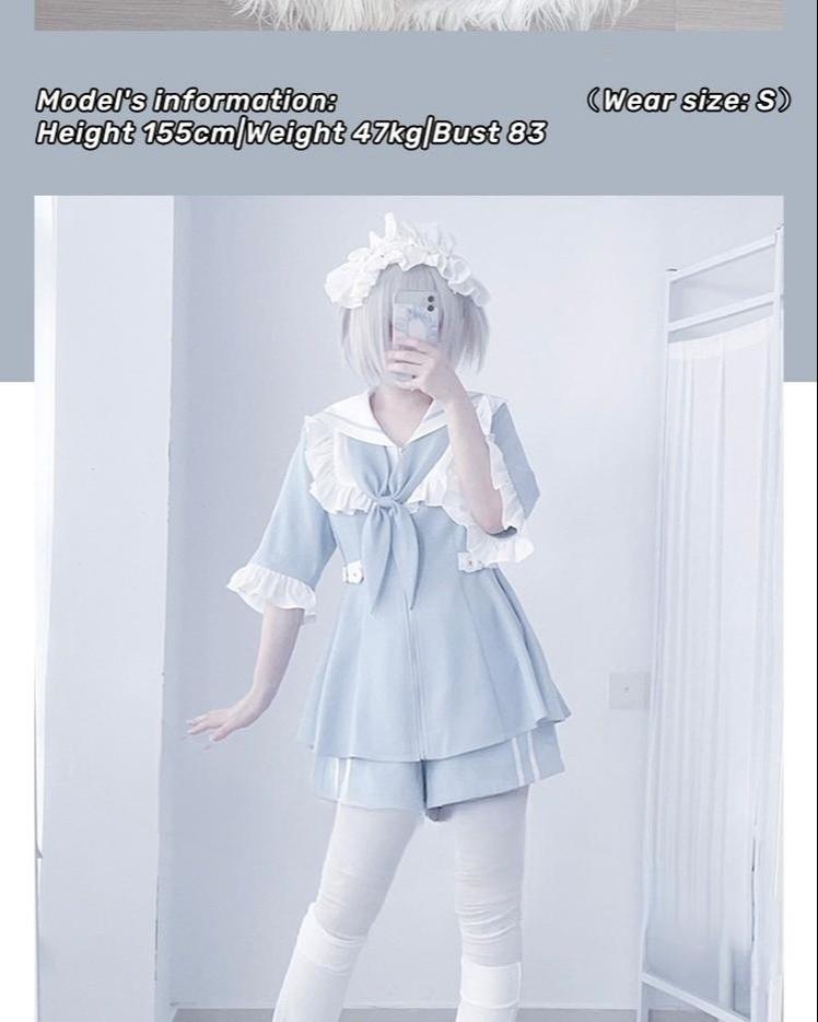 Jirai Kei Set Up Blue Lace Dress And Shorts Set 37046:548186