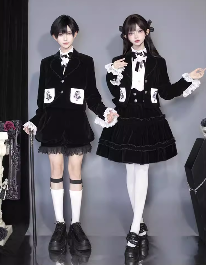 Ouji Lolita Prince Outfit Set Black Skirt Velvet Shorts Set 39368:632028