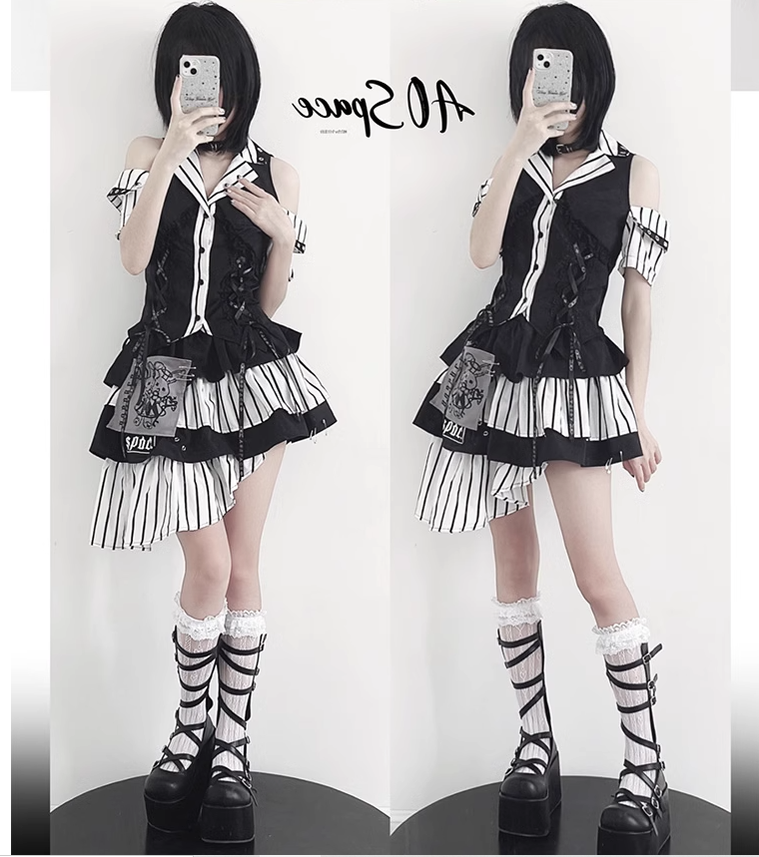 Jirai Kei Off-shoulder Striped Shirt And Ruffled Hem Skirt 37558:564448