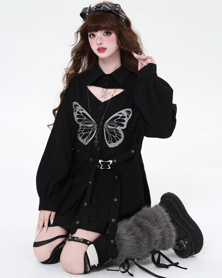 Gyaru blouse Subculture Embroidered Butterfly Shirt Long Sleeve Top 39690:634004