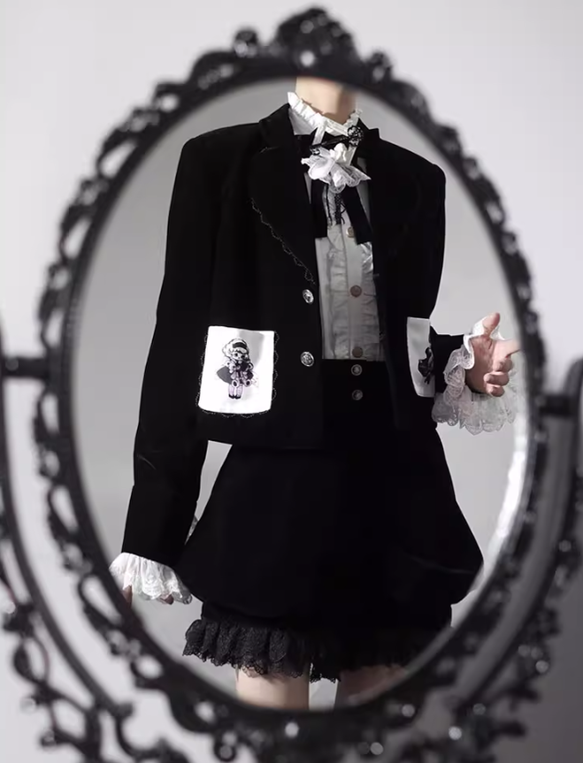 Ouji Lolita Prince Outfit Set Black Skirt Velvet Shorts Set 39368:632006