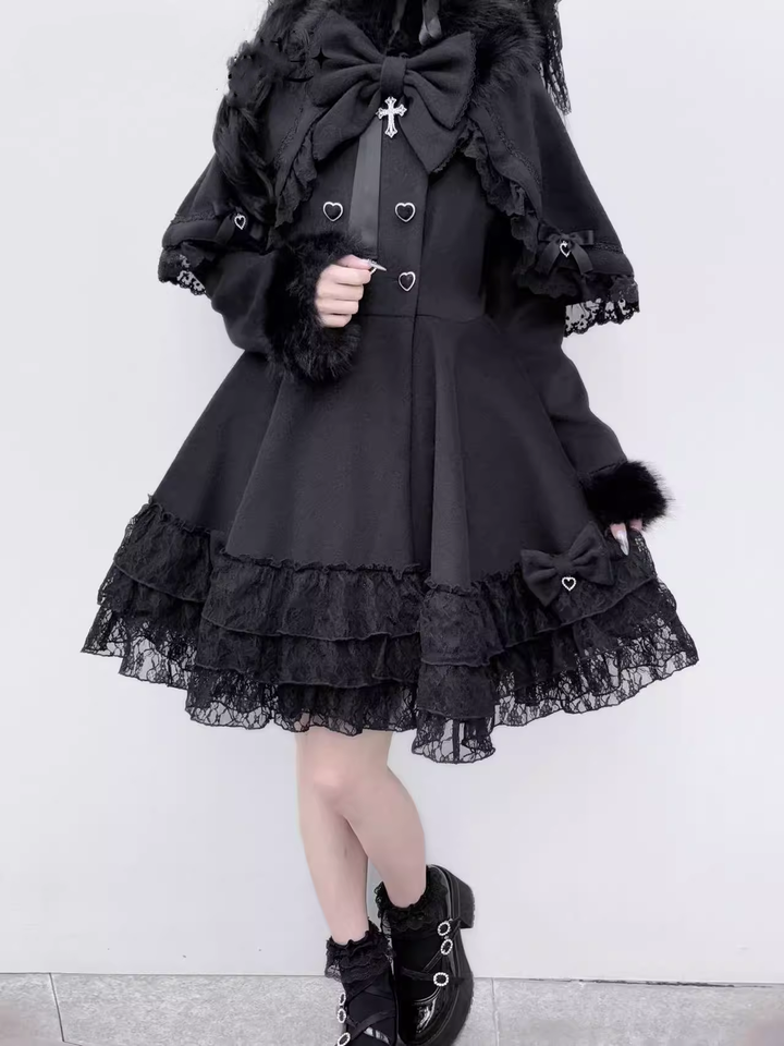 Winter Jirai Kei Coat With Detachable Cape Lace Trim Coat 41574:706792