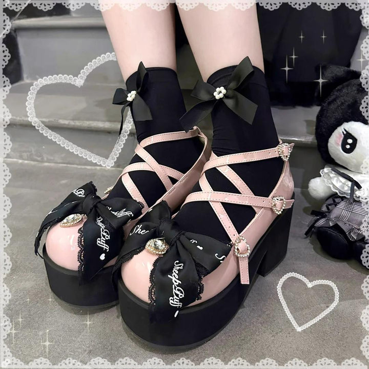 Jirai Kei Shoes Black Pink Platform Shoes Bow Buckle Shoes 21984:631696