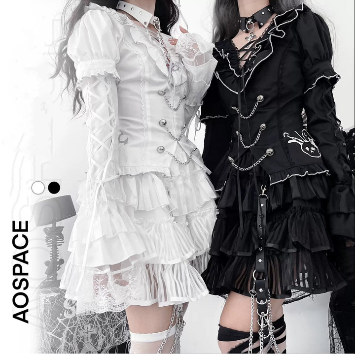 Jirai Kei Blouse And Skirt Set Black White Set 35326:500016 35326:500016