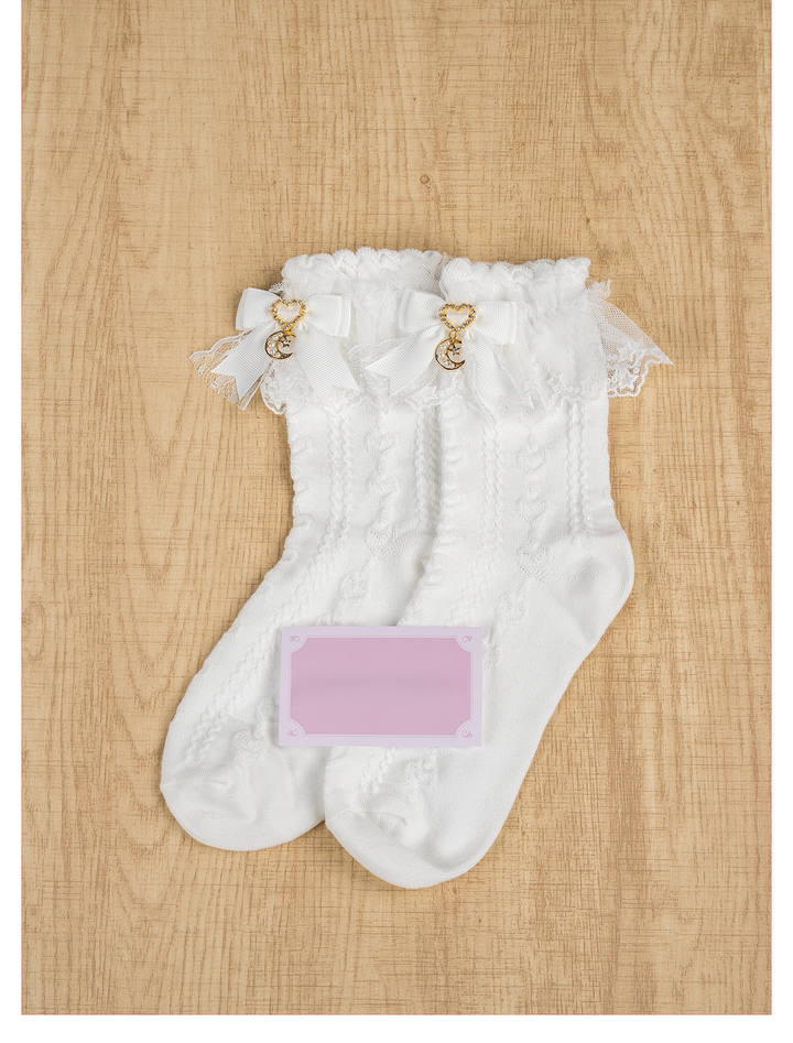 Cotton Ankle Length Lace Socks, Moon Pendant (White) 44007:792568