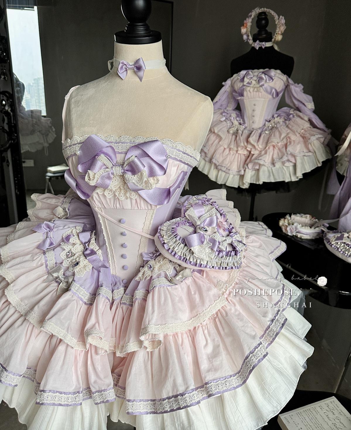 Lolita Dress Set Sweet Violet Pink Puffy Dress Corset Dress 36388:554918