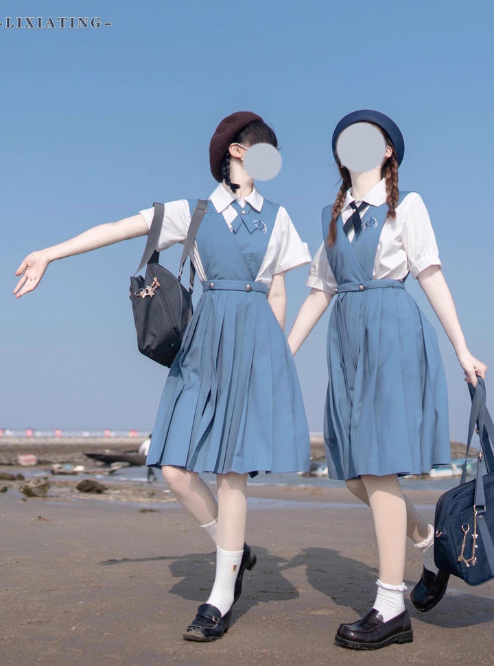 Gay-Blue Knee-Length JK Uniform, Detachable Vest 43446:778499