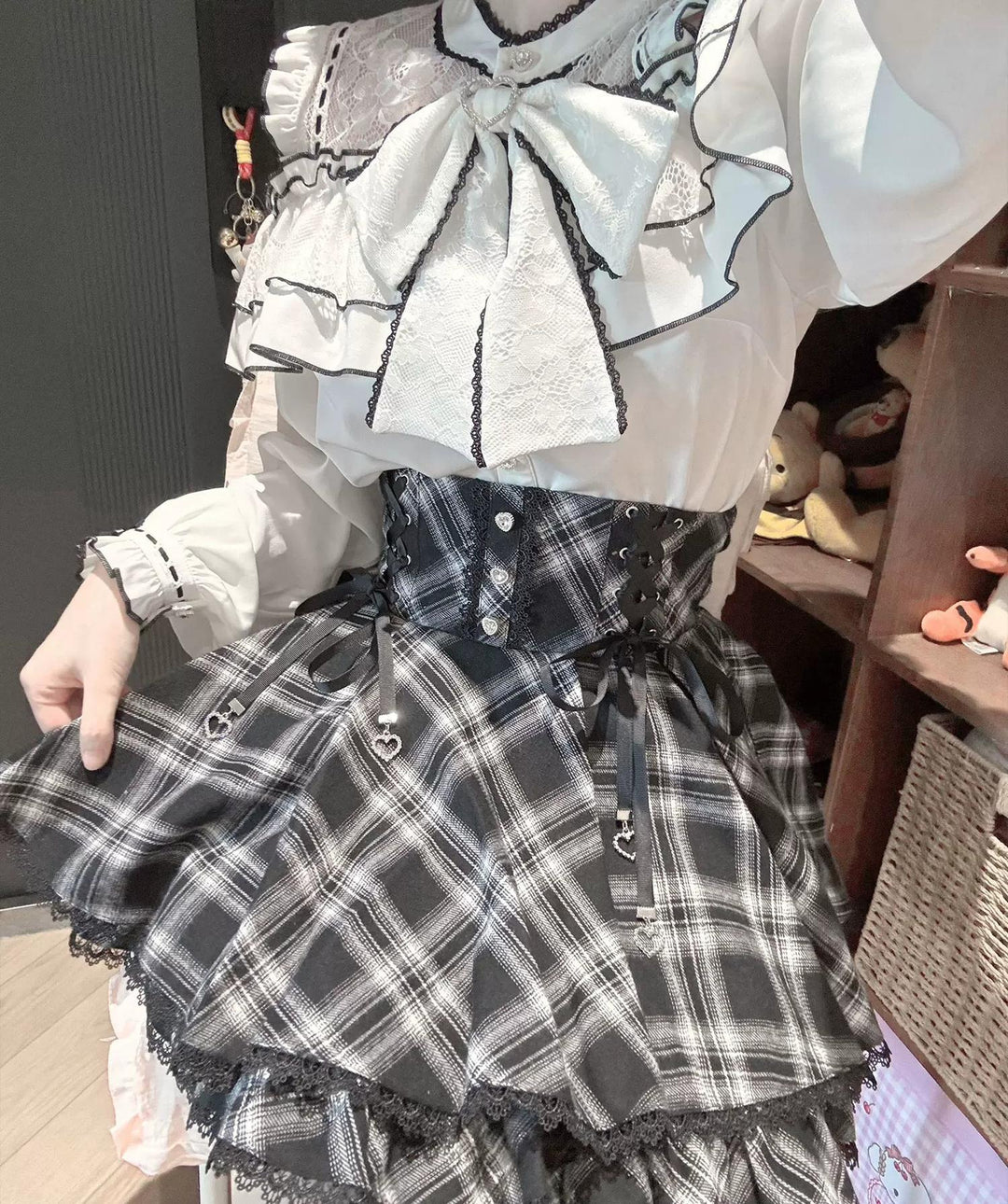 Jirai Kei Plaid Skirt, Ruffled Neckline Chiffon Blouse 45935:868741