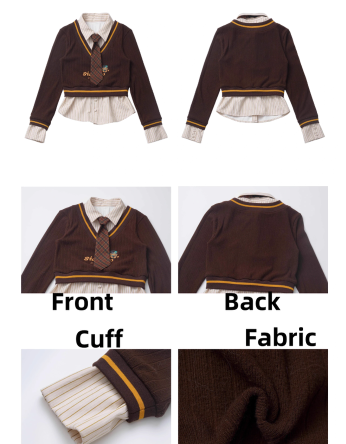 Preppy Outfit Set Fake Two-Piece Sweatshirt Pleated Skirt Set 41116:696570