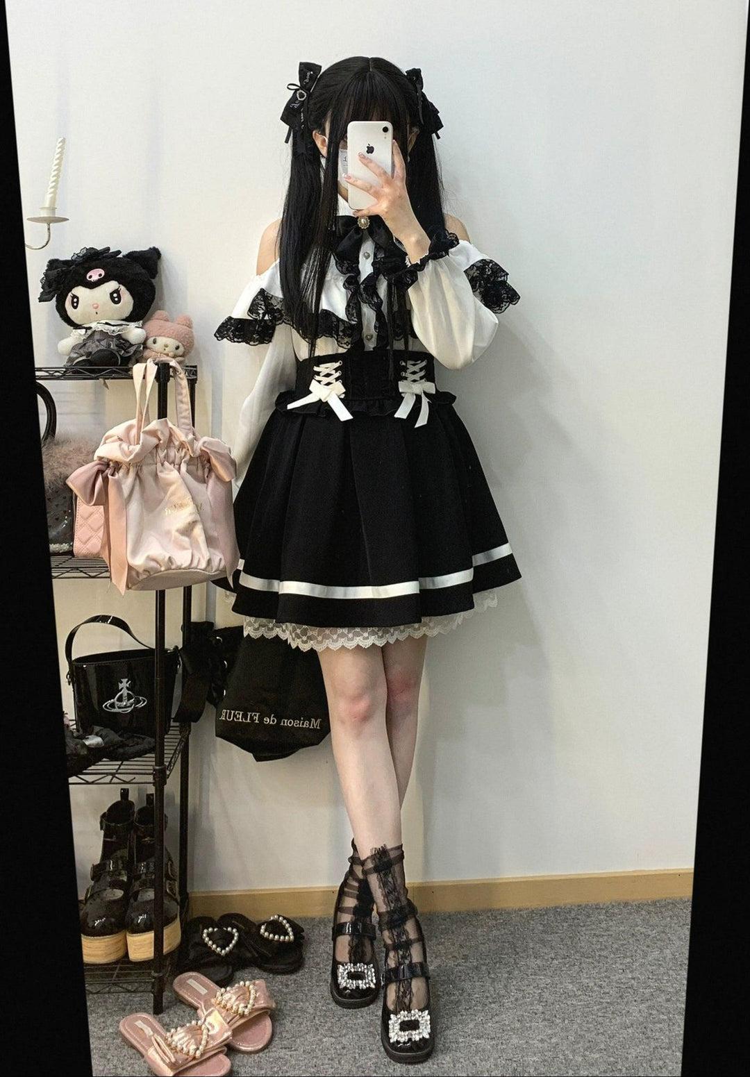 Jirai Kei Blouse Double Ruffle Open Shoulder Shirt 31856:768511