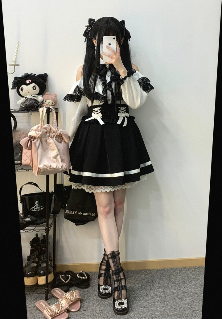 Jirai Kei Blouse Double Ruffle Open Shoulder Shirt 31856:768511