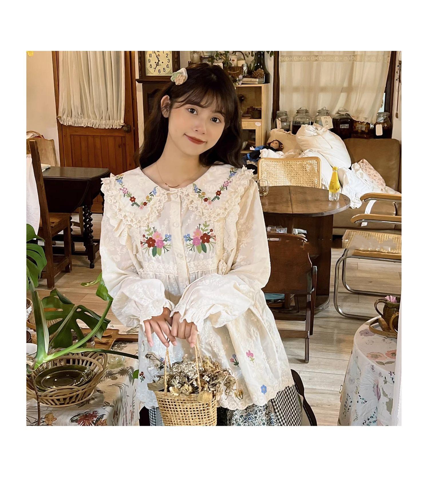 Mori Kei Blouse Flower Embroidery Shirt Anti-aging Top 36218:524744