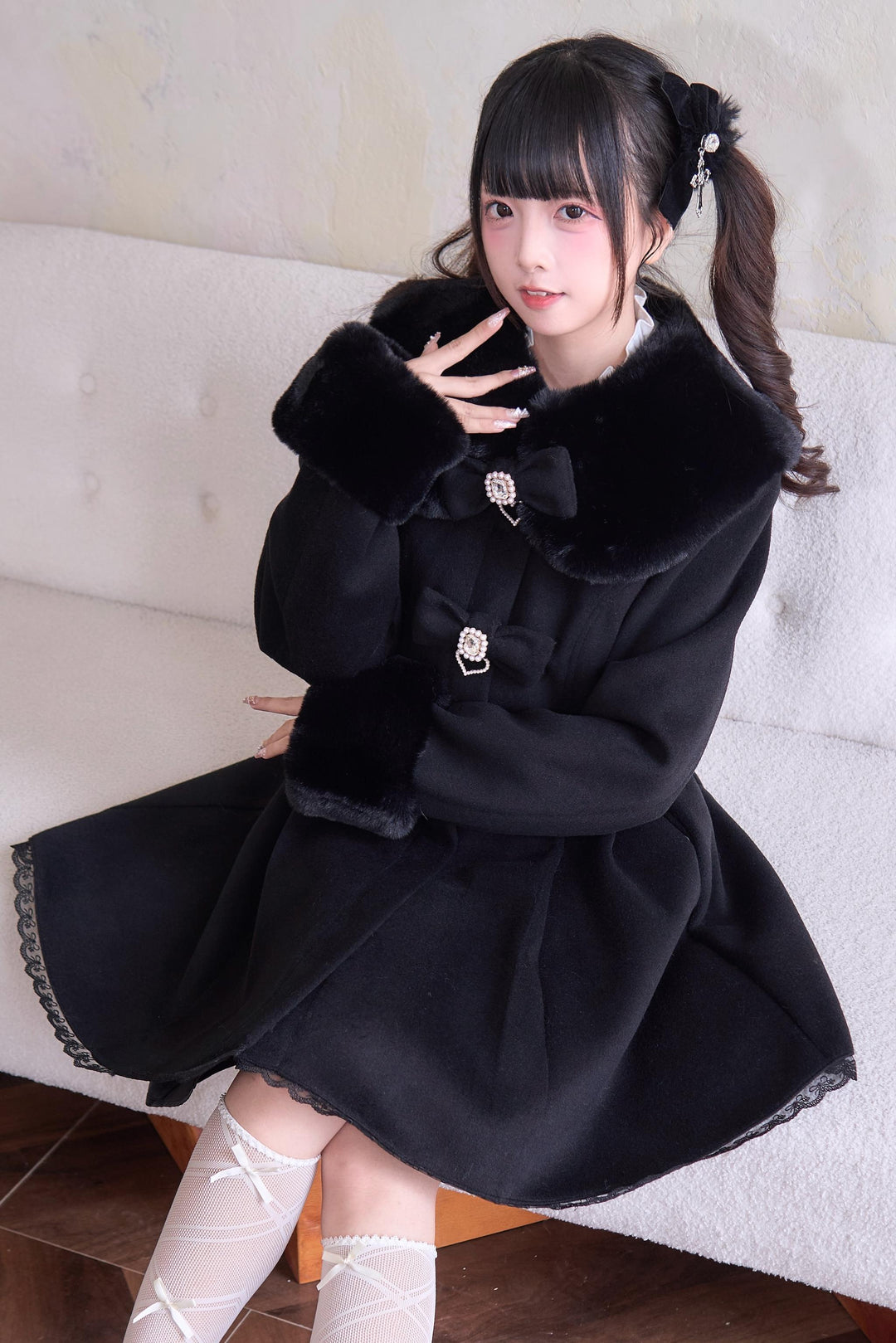 Jirai Kei Winter Coat Fur Collar Lace Coat With Bows 41410:698162