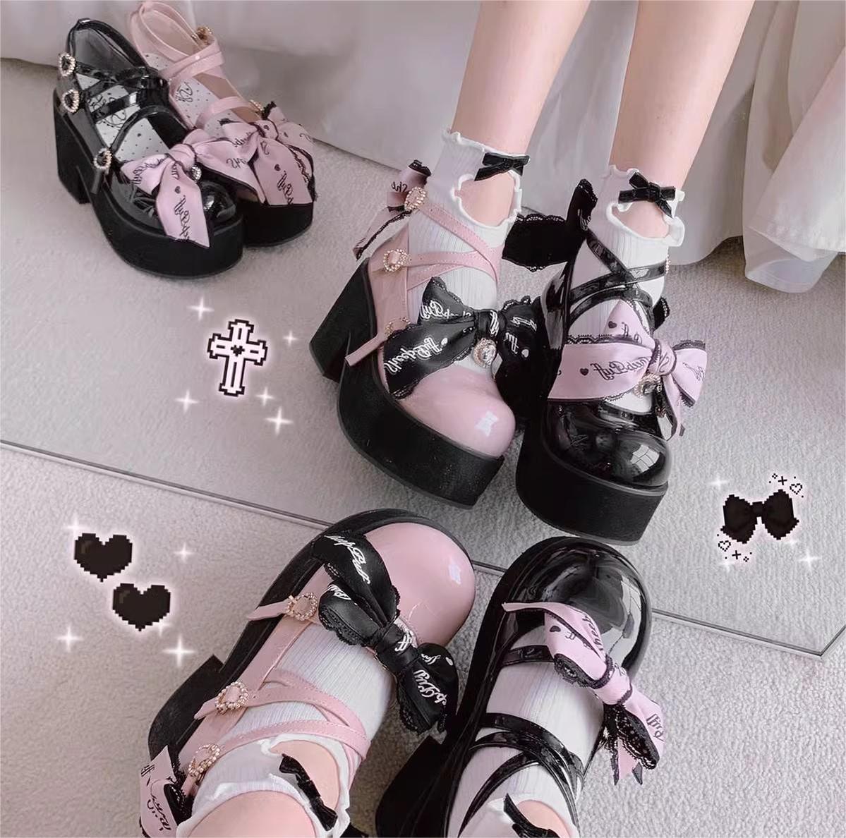 Jirai Kei Shoes Black Pink Platform Shoes Bow Buckle Shoes – Honey Wardrobe