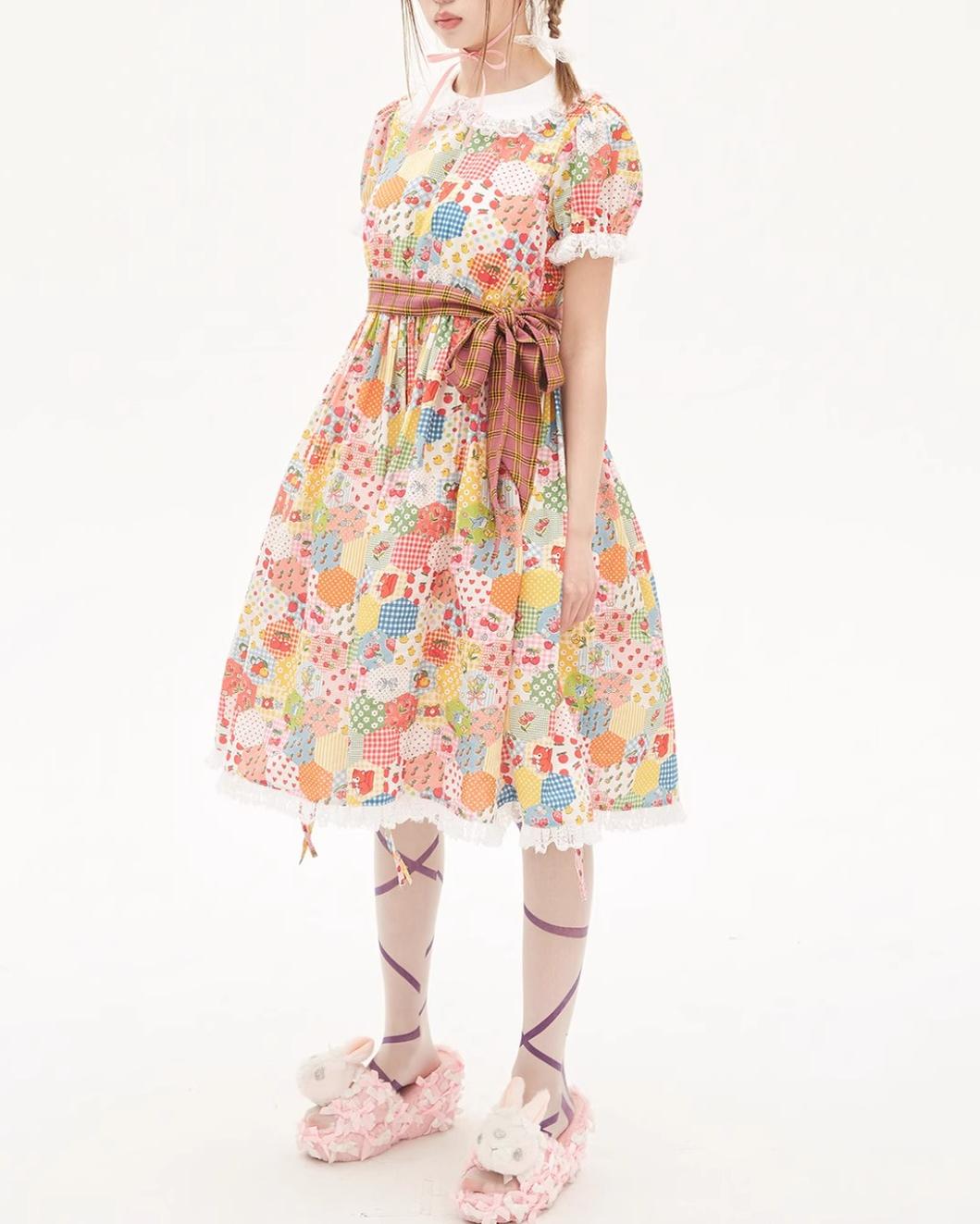 Sweet Lolita Dress Kidcore Floral Dress Drawstring Dress 36156:543446