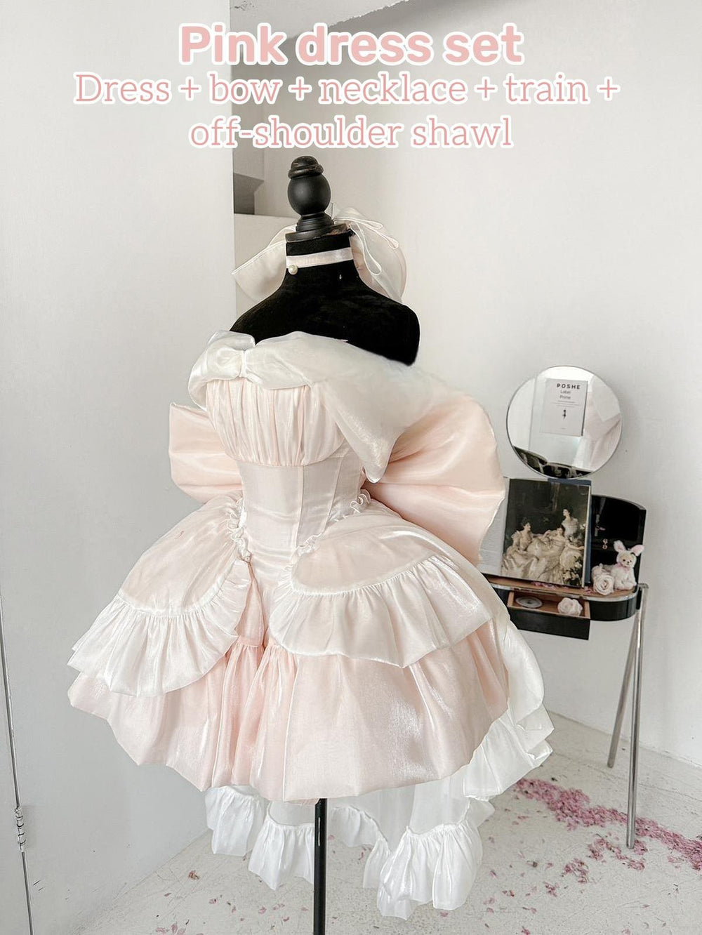 Elegant Pink Lolita Prom Dress Off-Shoulder with Bow and Flowing Train (L M S XS) 38096:629058