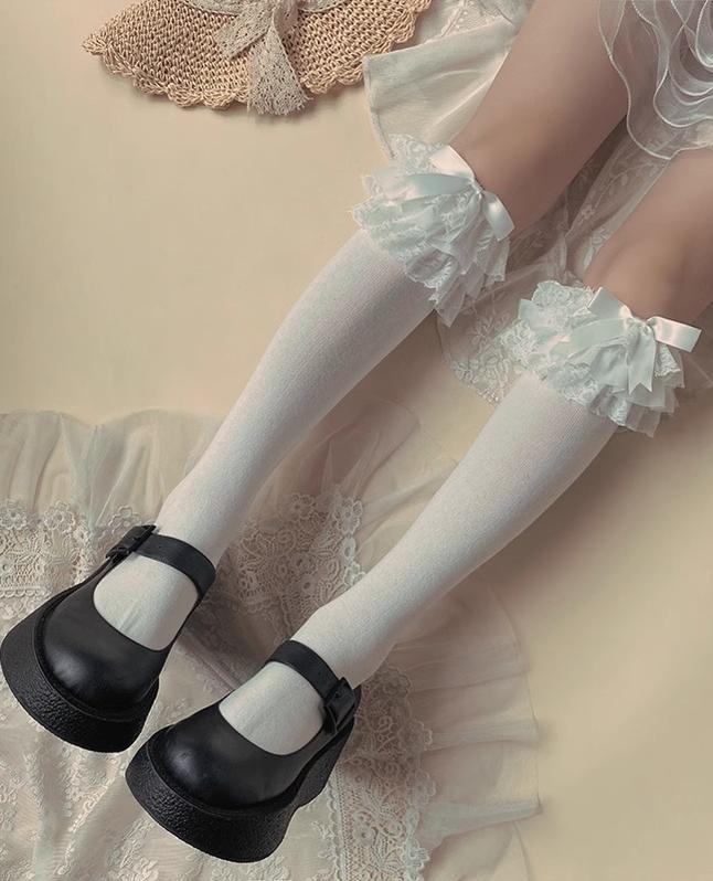 Lolita Socks Layers Lace Frill Cotton Mid-Calf Socks With Bows 42243:734848