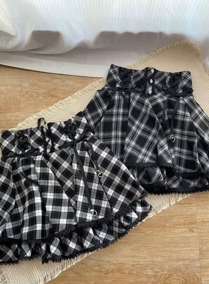 Jirai Kei Plaid Skirt, Ruffled Neckline Chiffon Blouse 45935:868739